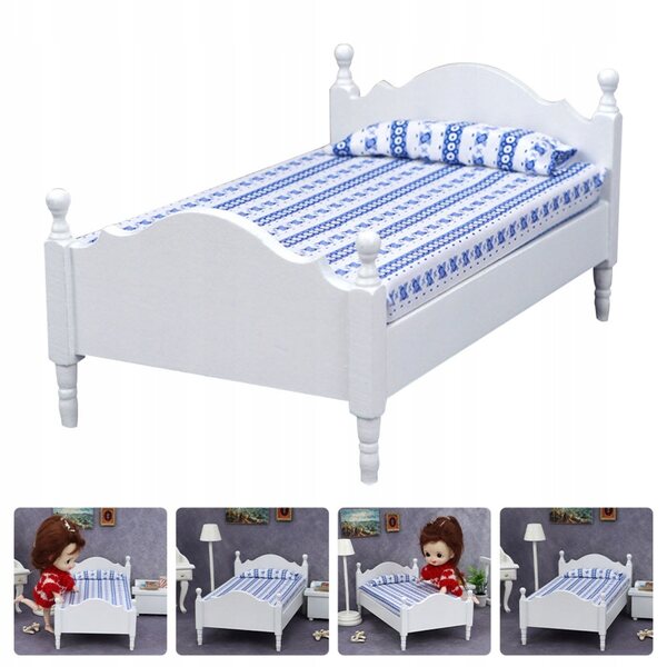 Mini letto elegante bianco in legno per casa delle bambole, realistico e resistente