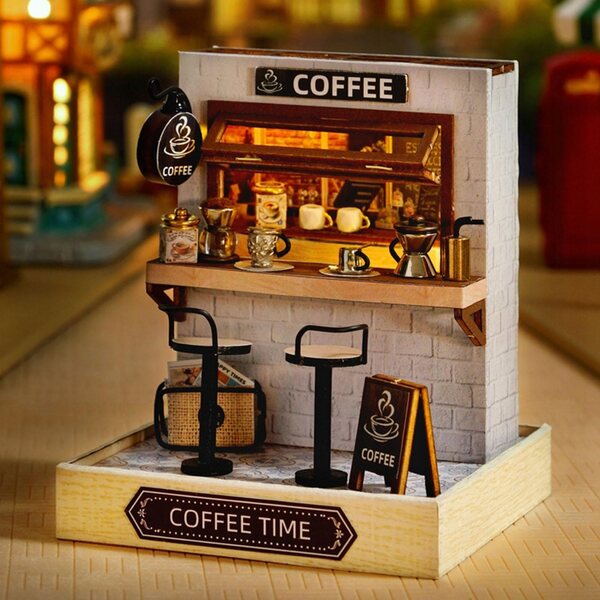 Miniatura Casa delle Bambole 3D in Legno DIY Kit Fai da Te Caffè 11,5x9x9 cm