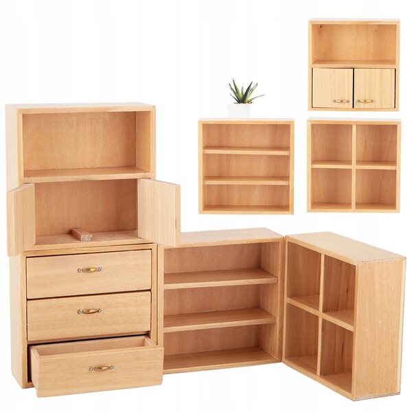 1:12 Mini-Kleiderschrank aus beigem Holz für Puppenhaus mit Kleiderbügel