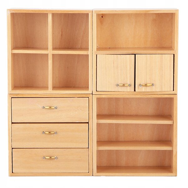 1:12 Mini-Kleiderschrank aus beigem Holz für Puppenhaus mit Kleiderbügel