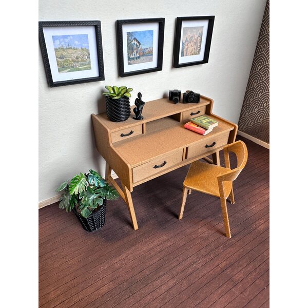 Miniatuur bureau met stoel midden eeuw 1:12 - meubel voor een poppenhuis