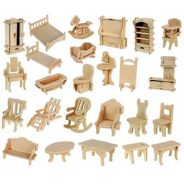 Umweltfreundliche Puppenhausmöbel aus Holz: kreatives Set mit 34 Artikeln