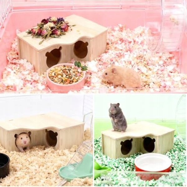 Hamsterhaus mit drei Kammern, Holz, natürlich, wasserdicht, 22,5 x 17,8 x 8 cm