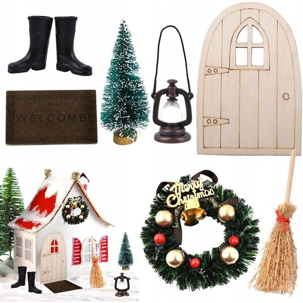 Set Accessori Natalizi in Legno per Casa delle Bambole 7 Pezzi BHGWR