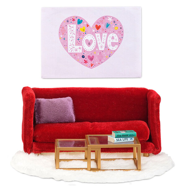 Lundby Wohnzimmermöbel-Set mit rotem Sofa und Puppenhauszubehör