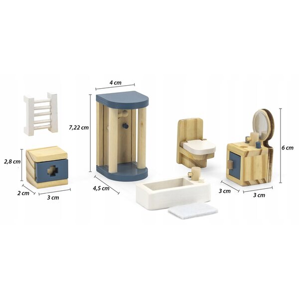 Holzmöbelset für Puppenhaus mit Dusche, WC und Badewanne Viga PolarB