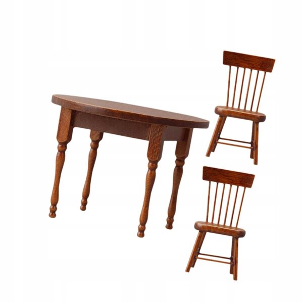 Set miniatura tavolo rotondo e 2 sedie in legno per casa delle bambole 1:12