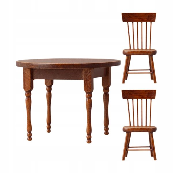 Set miniatura tavolo rotondo e 2 sedie in legno per casa delle bambole 1:12