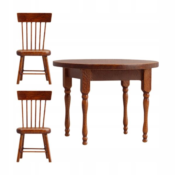 Set miniatura tavolo rotondo e 2 sedie in legno per casa delle bambole 1:12