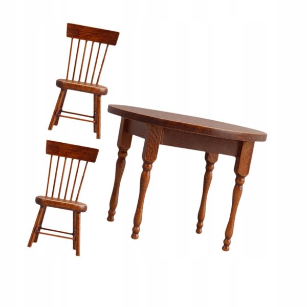 Set miniatura tavolo rotondo e 2 sedie in legno per casa delle bambole 1:12