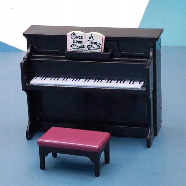Mini pianoforte con sgabello in scala 1:12 per casa delle bambole, nero