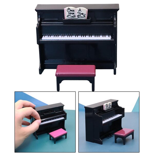 Mini pianoforte con sgabello in scala 1:12 per casa delle bambole, nero