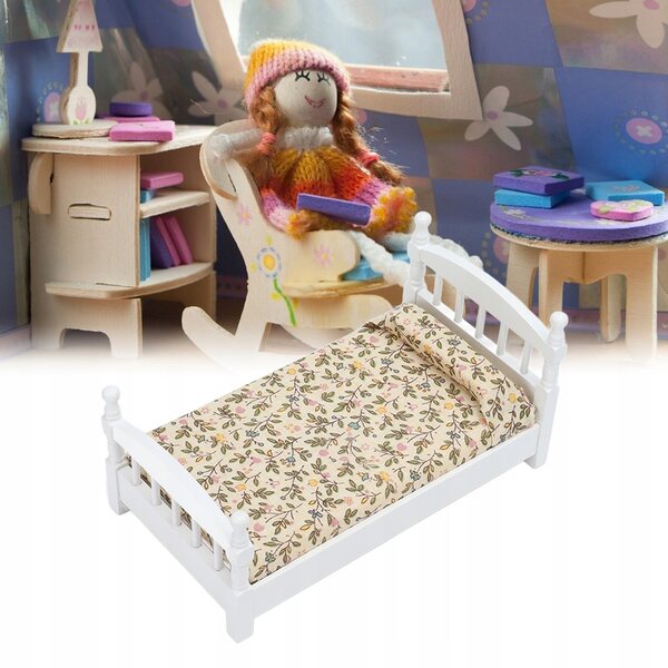 Mini letto in legno con materasso e cuscino per casa bambole scala 1:12