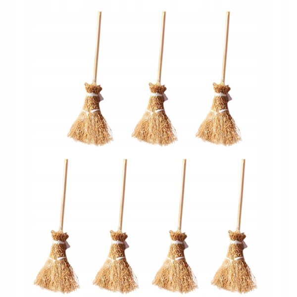Lot de 7 Mini Balais en Bois Kaki pour Décorations et Modélisme 12cm
