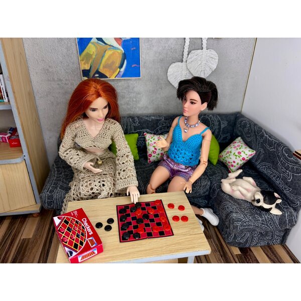 Miniatura gioco di dama per bambole fino a 30 cm con accessori per casetta