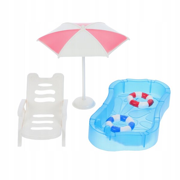 Miniatur-Zubehörset mit Schwimmbad und Regenschirm für das rosa Puppenhaus