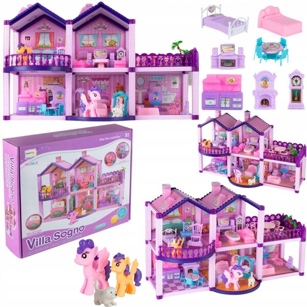 Puppen- und Ponyvilla mit Ausstattung und 2 Ponys, Pink