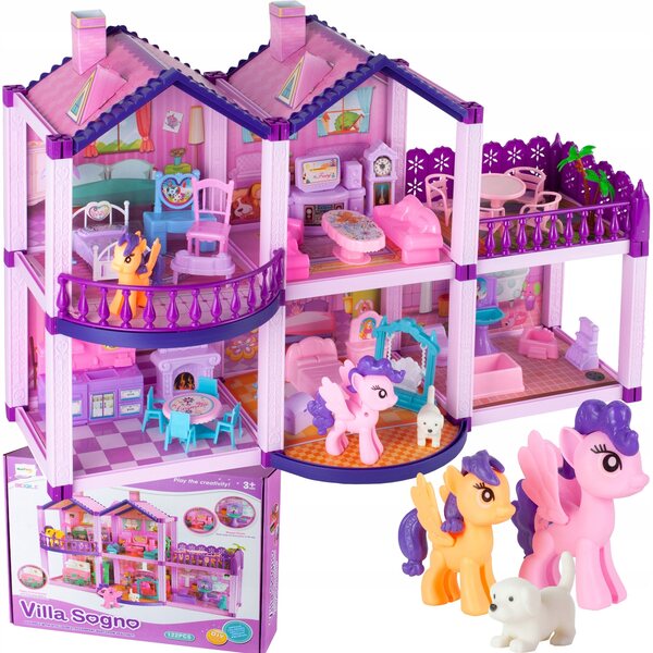 Villa per bambole e pony con attrezzatura e 2 pony, rosa