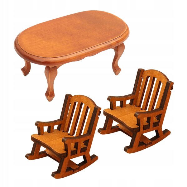Set 3 pezzi miniatura mobili in legno: tavolino caffè e poltrona a dondolo