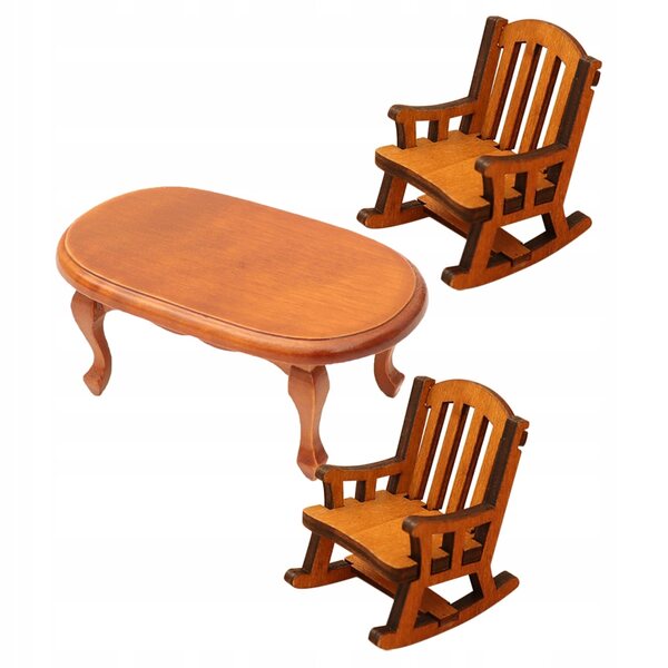 Set 3 pezzi miniatura mobili in legno: tavolino caffè e poltrona a dondolo