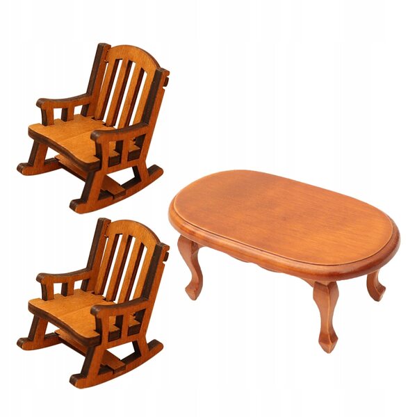 Set 3 pezzi miniatura mobili in legno: tavolino caffè e poltrona a dondolo