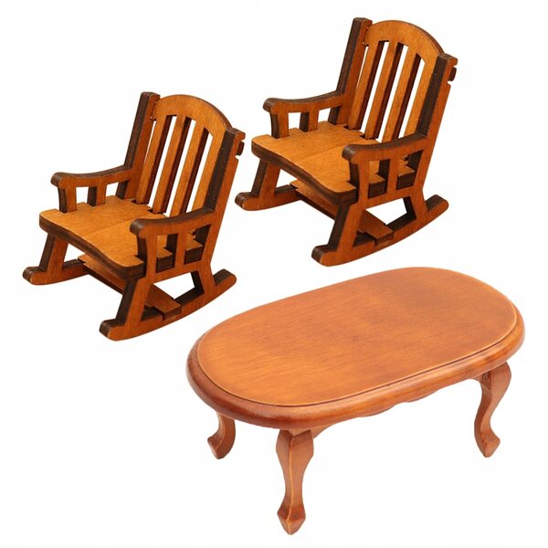 Set 3 pezzi miniatura mobili in legno: tavolino caffè e poltrona a dondolo