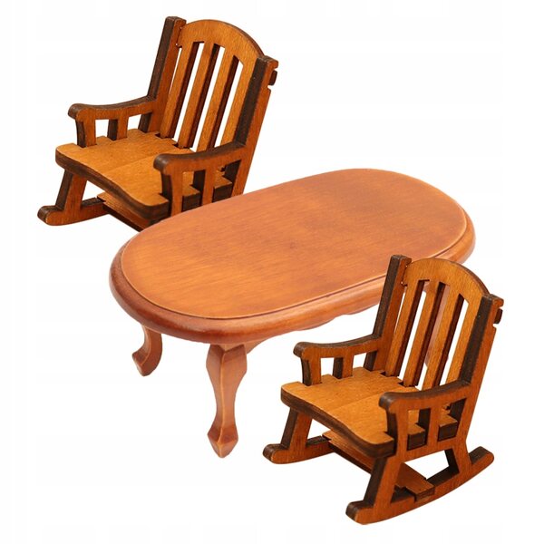Set 3 pezzi miniatura mobili in legno: tavolino caffè e poltrona a dondolo