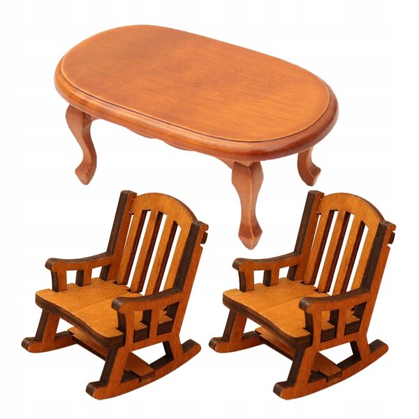 Set 3 pezzi miniatura mobili in legno: tavolino caffè e poltrona a dondolo