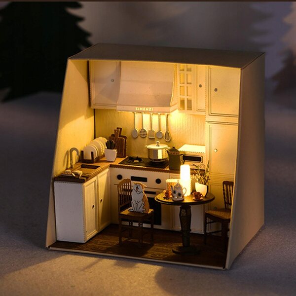 Miniatura casa delle bambole in legno con luci LED e mobili - Puzzle 3D cucina