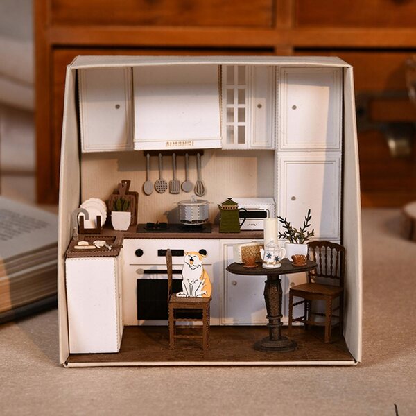 Miniatura casa delle bambole in legno con luci LED e mobili - Puzzle 3D cucina