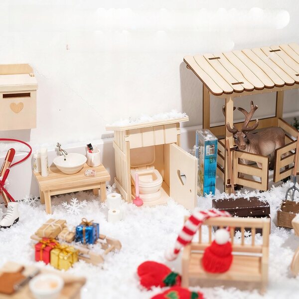 Miniatura toilette in legno retro 1:12 set completo per gioco e decorazioni