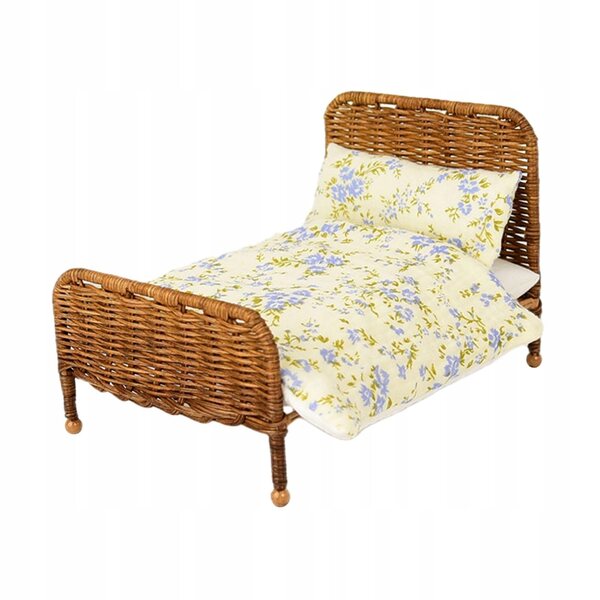 Letto in miniatura 1:6 in legno e rattan per casa delle bambole beige