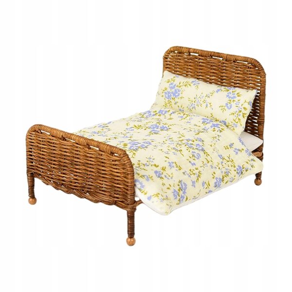 Letto in miniatura 1:6 in legno e rattan per casa delle bambole beige