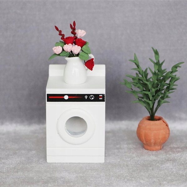 Miniatura pralka in legno bianca per casa delle bambole 1:12 arredamento realistico