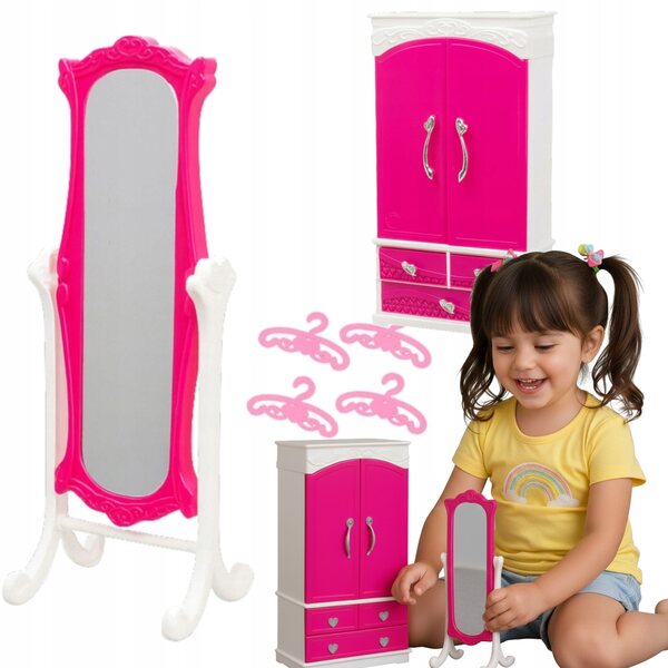 Puppenmöbel-Set, Kleiderschrank mit Spiegel und Kleiderbügel, 29 cm, Rosa und Weiß
