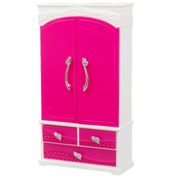 Puppenmöbel-Set, Kleiderschrank mit Spiegel und Kleiderbügel, 29 cm, Rosa und Weiß