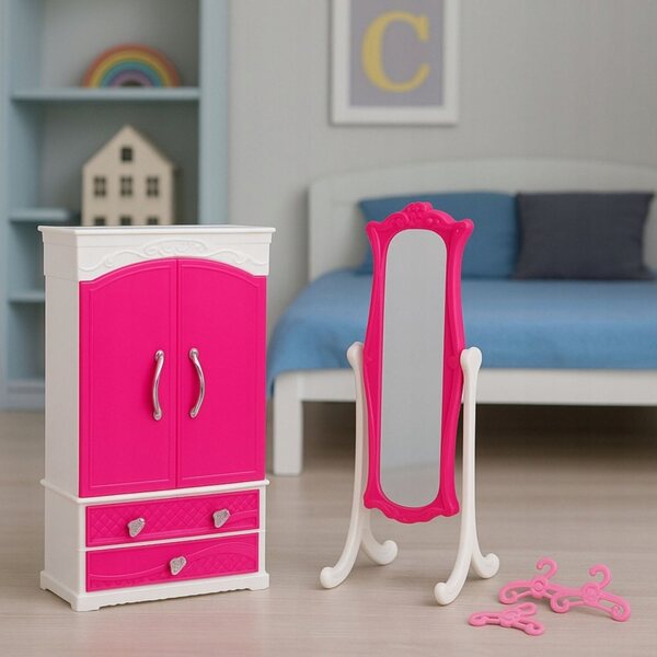 Puppenmöbel-Set, Kleiderschrank mit Spiegel und Kleiderbügel, 29 cm, Rosa und Weiß