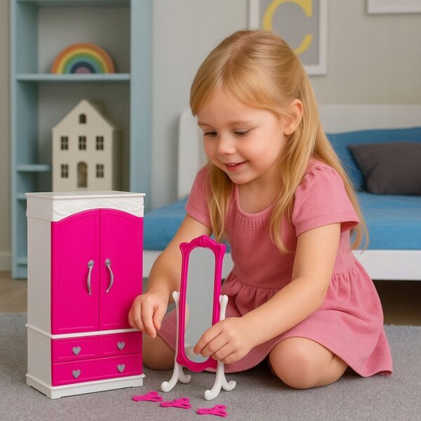 Puppenmöbel-Set, Kleiderschrank mit Spiegel und Kleiderbügel, 29 cm, Rosa und Weiß