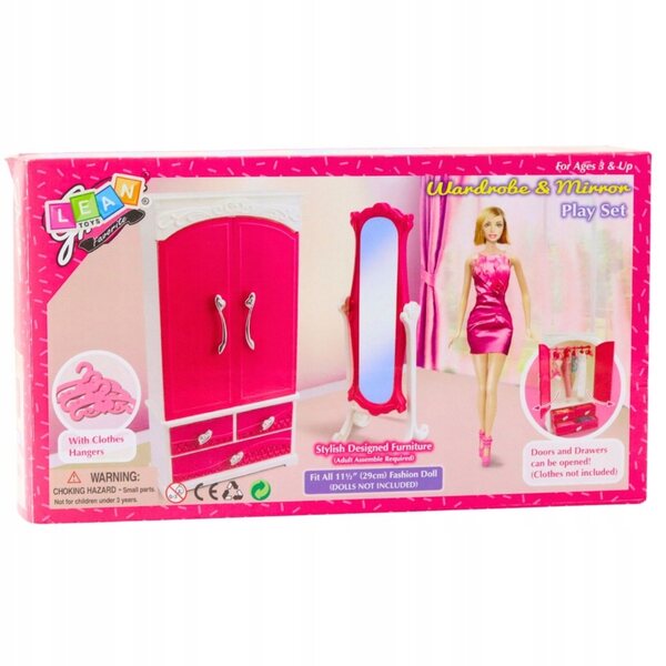 Puppenmöbel-Set, Kleiderschrank mit Spiegel und Kleiderbügel, 29 cm, Rosa und Weiß