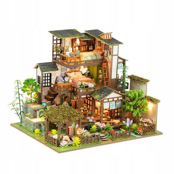 DIY-Set Miniatur-Puppenhaus aus Holz mit Möbeln und Lichtern, 30 x 24 cm