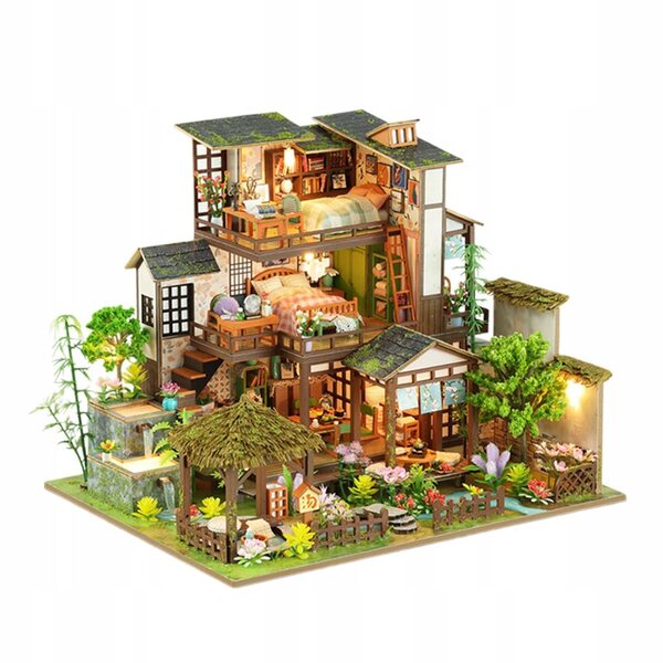 DIY-Set Miniatur-Puppenhaus aus Holz mit Möbeln und Lichtern, 30 x 24 cm