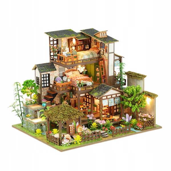 DIY-Set Miniatur-Puppenhaus aus Holz mit Möbeln und Lichtern, 30 x 24 cm