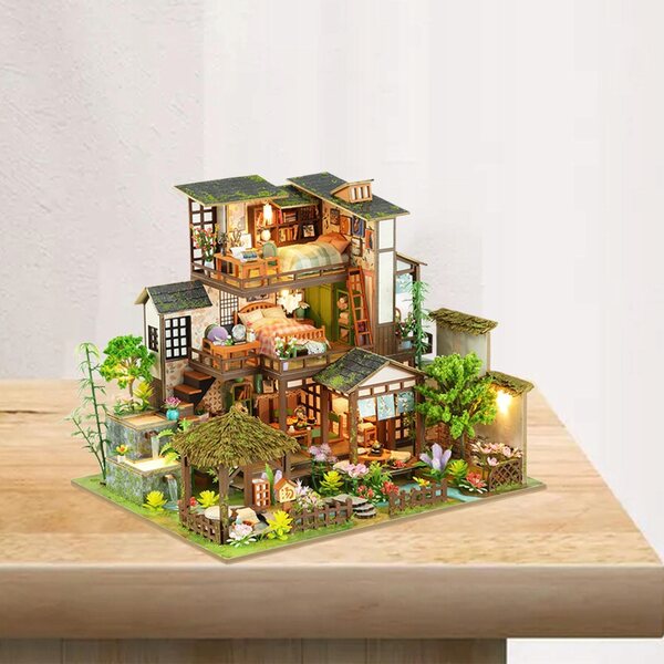 DIY-Set Miniatur-Puppenhaus aus Holz mit Möbeln und Lichtern, 30 x 24 cm