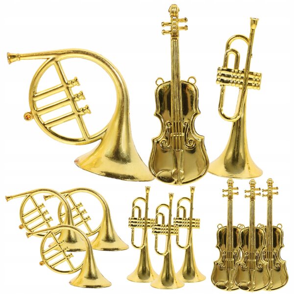Set 12 Mini Strumenti Musicali in ABS Dorati per Decorazioni Natalizie, Leggeri e Realistici