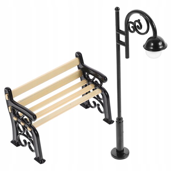 Mini-Gartenmöbel-Set mit Laternenpfahl und Bank aus Metall und Holz
