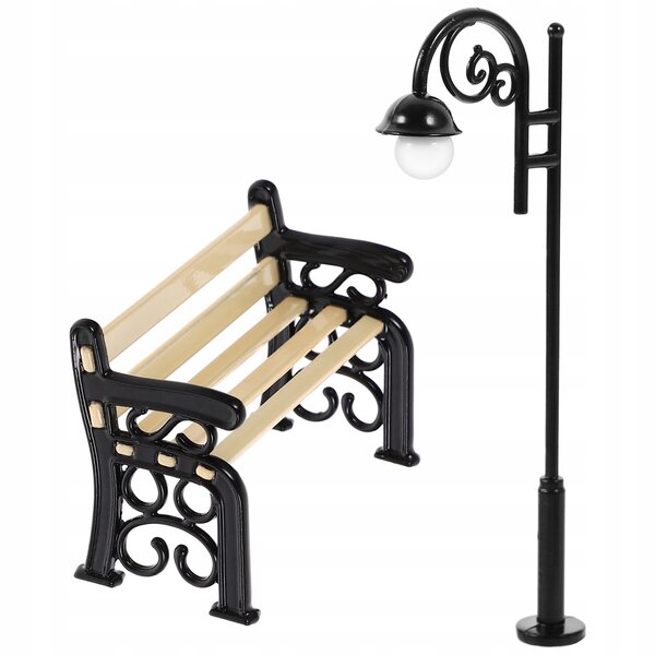 Mini-Gartenmöbel-Set mit Laternenpfahl und Bank aus Metall und Holz