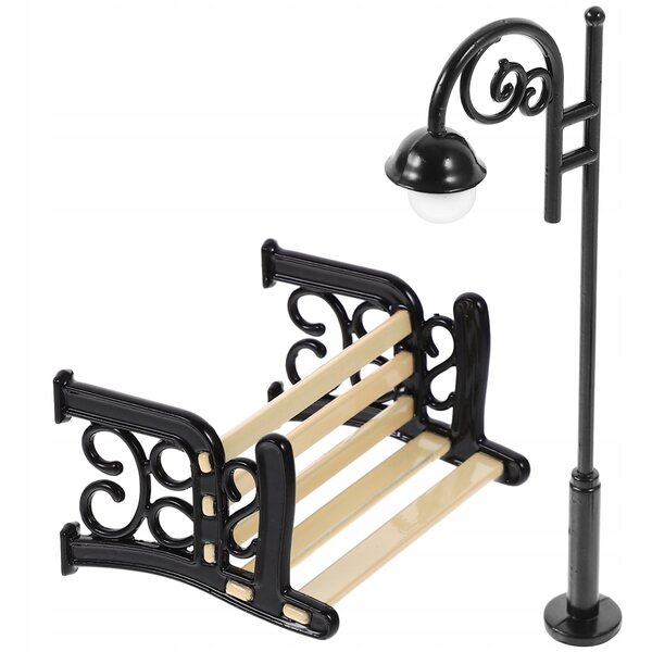 Mini-Gartenmöbel-Set mit Laternenpfahl und Bank aus Metall und Holz