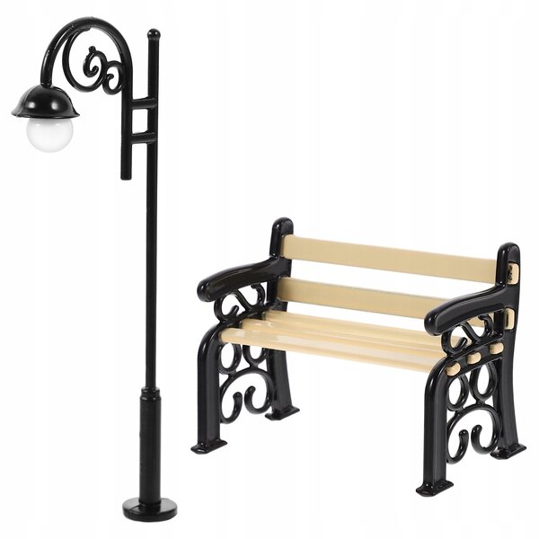 Mini-Gartenmöbel-Set mit Laternenpfahl und Bank aus Metall und Holz
