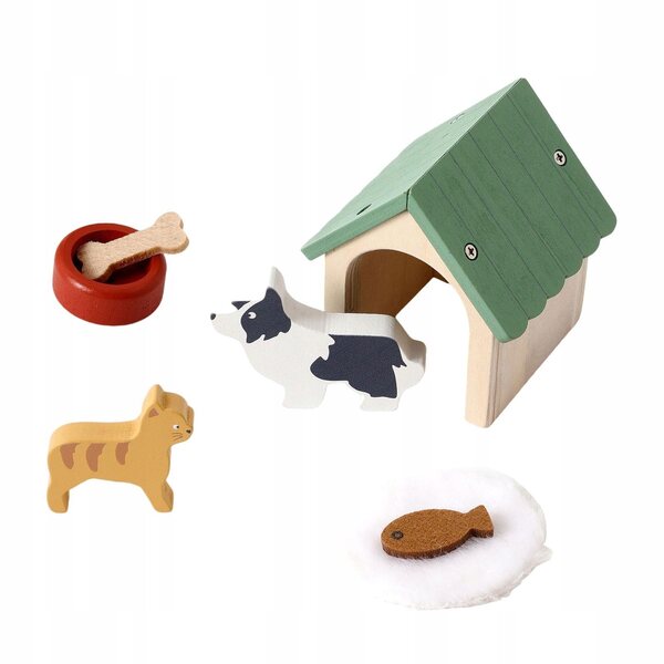 Holzhaus für Puppen mit Tierzubehör und Miniaturstock und Katze