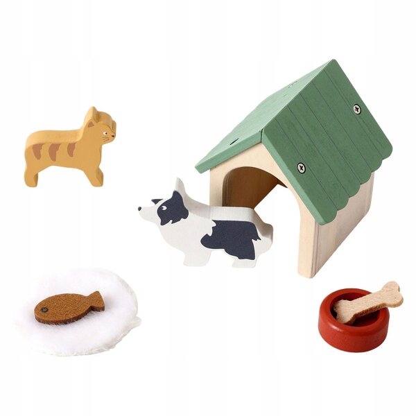Holzhaus für Puppen mit Tierzubehör und Miniaturstock und Katze